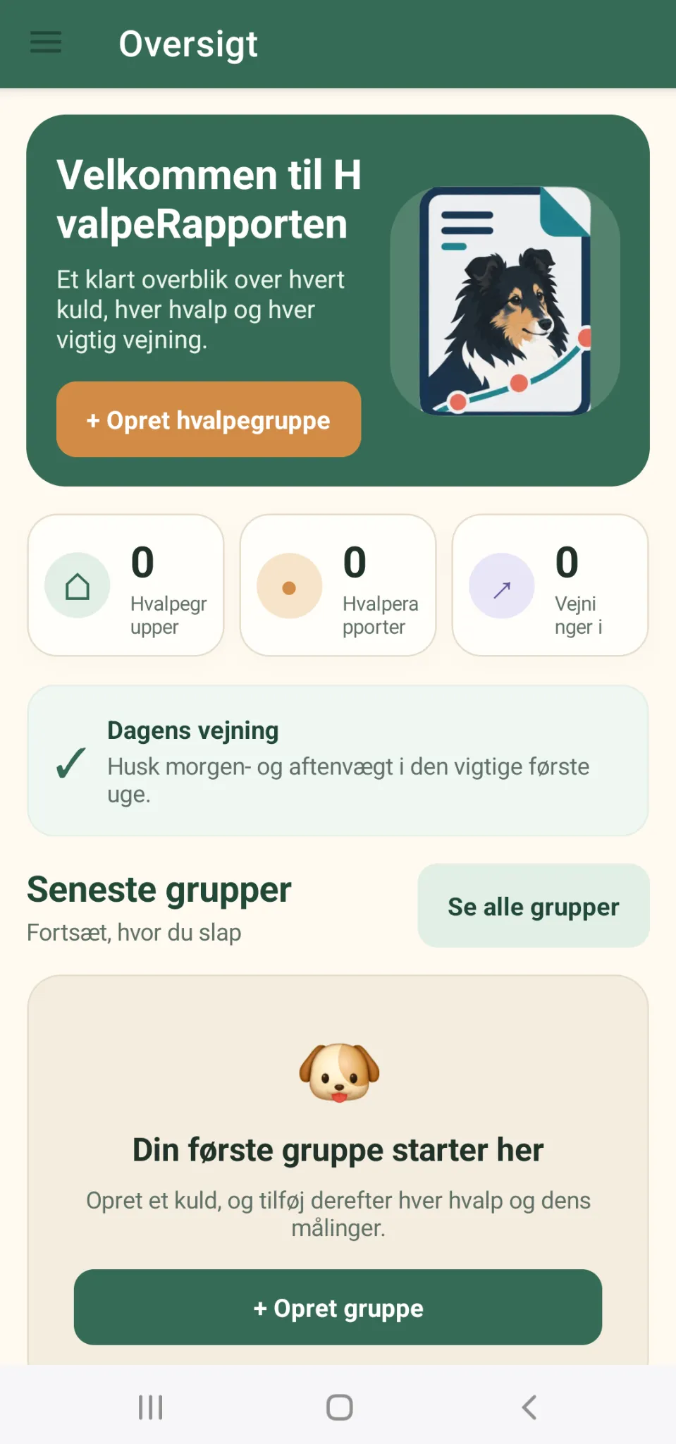 HvalpeRapporten på Android med mobil oversigt