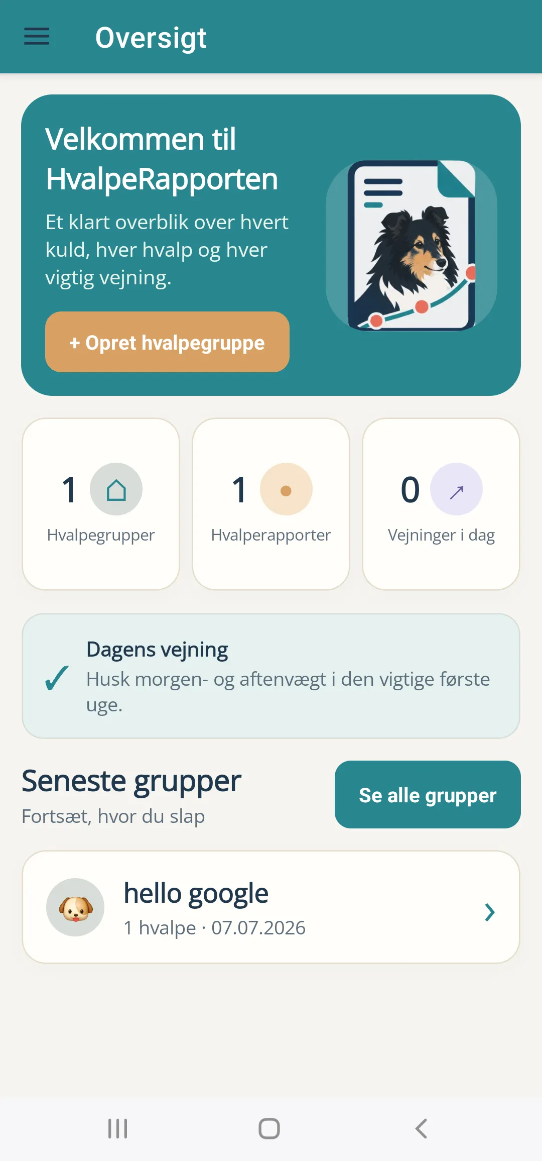 HvalpeRapporten på Android med mobil oversigt