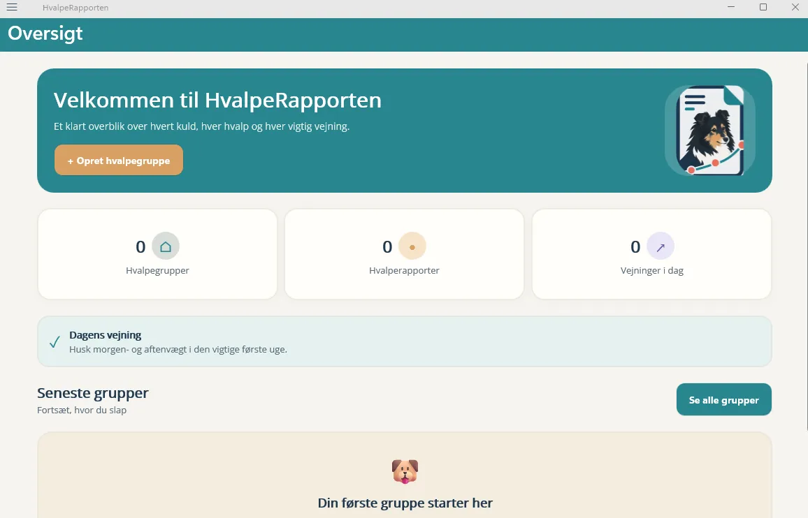 HvalpeRapporten på Windows med oversigt over kuld og vejninger