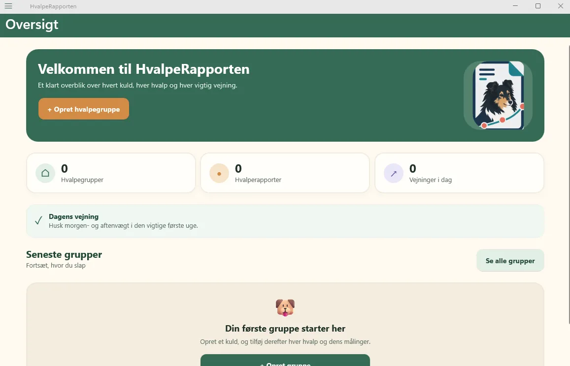 HvalpeRapporten på Windows med oversigt over kuld og vejninger